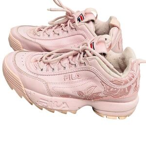 FILA Disruptor II Rose Embroidery Pink Leather Chunky Platform Sneakers Size 8
